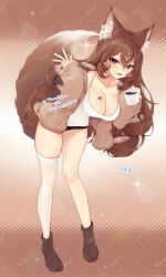 animal_ears asymmetrical_legwear bent_over brown_cardigan brown_eyes brown_hair cardigan coffee commission fox_ears fox_girl fox_tail indie_virtual_youtuber liyonoko_(vtuber) long_hair looking_at_viewer miya_hani sample_watermark shorts single_thighhigh skeb_commission smile tail tank_top thank_you thighhighs watermark waving white_tank_top white_thighhighs
