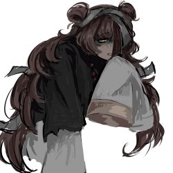 Rule 34 | bandages, beads, black shirt, double bun, hair bun, highres, hundred-footed death maggot (e.g.o), ishmael (project moon), long hair, long sleeves, one eye covered, orange hair, partially shaded face, prayer beads, shirt, sleeves past fingers, sleeves past wrists, talisman, torn clothes, torn sleeves, yellow eyes