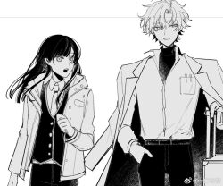 1boy 1girl :o accookie akira_(female)_(mahoutsukai_no_yakusoku) arm_at_side artist_name belt breast_pocket buttons chinese_commentary clenched_hand coat coat_on_shoulders collared_shirt commentary_request cropped curtained_hair figaro_garcia greyscale hand_in_pocket hand_up height_difference hood hood_down hooded_jacket jacket light_smile long_hair long_sleeves looking_at_another looking_to_the_side mahoutsukai_no_yakusoku monochrome necktie object_in_pocket open_clothes open_jacket open_mouth pants pen_in_pocket pocket shirt short_hair side-by-side simple_background straight_hair undershirt very_short_hair vest watermark weibo_watermark white_background wing_collar