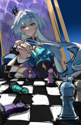 1girl absurdres bad_id bad_twitter_id blue_dress blue_eyes blue_hair cerydra_(honkai:_star_rail) chess_piece chessboard crown detached_sleeves dress hair_intakes highres holding holding_chess_piece honkai:_star_rail honkai_(series) lee2485169 long_hair mini_crown on_chair pawn_(chess) sitting solo