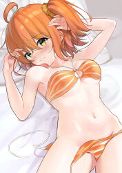 1girl absurdres ahoge bare_shoulders bikini blush breasts cleavage fate/grand_order fate_(series) fujimaru_ritsuka_(female) fujimaru_ritsuka_(female)_(brilliant_summer) hair_ornament hair_scrunchie highres kurere1202 looking_at_viewer navel one_side_up orange_bikini orange_eyes orange_hair scrunchie short_hair solo striped_bikini striped_clothes swimsuit thighs untied_bikini