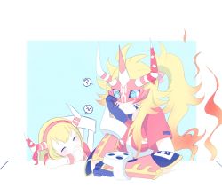 agnimon armor blonde_hair blue_eyes blush digimon closed_eyes highres horn