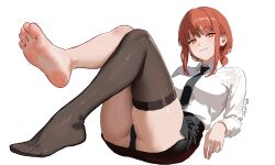 1girl absurdres artist_name barefoot black_necktie black_panties black_skirt blush braid braided_ponytail breasts chainsaw_man closed_mouth collared_shirt commentary commission english_commentary feet foot_up full_body high-waist_skirt highres knees_together_feet_apart knees_up legs long_hair long_sleeves looking_at_viewer makima_(chainsaw_man) medium_breasts miniskirt necktie no_shoes panties payetvore pencil_skirt red_eyes red_hair shirt sidelocks simple_background single_thighhigh sitting skindentation skirt smile soles solo thighhighs thighs toe_seam toes twitter_username underwear white_background white_shirt