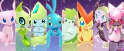 :d :o blue_eyes celebi closed_mouth creature diancie fangs floating gen_1_pokemon gen_2_pokemon gen_3_pokemon gen_4_pokemon gen_5_pokemon gen_6_pokemon green_eyes green_hair jirachi legendary_pokemon looking_at_viewer maiko_(mimi) manaphy meloetta meloetta_(aria) mew_(pokemon) mythical_pokemon nintendo one_eye_closed open_mouth pokemon pokemon_(creature) purple_background red_eyes shaymin shaymin_(land) smile v victini