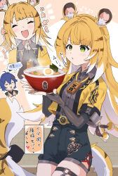 2girls ahoge animal_ear_fluff animal_ears belle_(zenless_zone_zero) black_gloves black_shorts blonde_hair blue_hair bowl chopsticks closed_eyes collared_shirt colored_inner_hair commentary_request crossed_bangs egg elbow_gloves fang fingerless_gloves food gloves green_eyes grey_shirt hair_between_eyes high-waist_shorts highres holding holding_bowl holding_chopsticks jacket ju_fufu long_hair multicolored_hair multiple_girls noodles open_mouth ramen shirt short_hair shorts skin_fang tail thigh_strap tiger_ears tiger_girl tiger_tail translation_request white_hair yellow_jacket yucblossom zenless_zone_zero