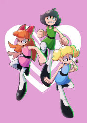 Rule 34 | 3girls, :o, antenna hair, black hair, black shoes, blonde hair, blossom (ppg), blue dress, blue eyes, bow, bubbles (ppg), bug, buttercup (ppg), butterfly, clenched hand, clenched hands, clenched teeth, dress, fighting stance, green dress, green hair, hair bow, hand up, highres, insect, mary janes, multiple girls, orange hair, pantyhose, pink background, pink dress, pink eyes, powerpuff girls, pringus mcdingus, red bow, serious, shoes, short twintails, siblings, sisters, teeth, twintails, white pantyhose
