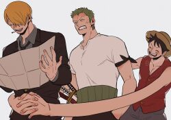 3boys ^_^ anger_vein bandana_around_arm black_hair blonde_hair clenched_teeth closed_eyes collared_shirt commentary_request curly_eyebrows devil_fruit_power facial_hair formal_clothes goatee green_hair hair_over_one_eye haramaki hat highres holding holding_paper larugo0513 male_focus monkey_d._luffy multiple_boys one_piece paper red_shirt roronoa_zoro sanji_(one_piece) shirt simple_background straw_hat suit sword t-shirt teeth upper_body weapon white_shirt