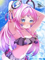 1girl @_@ absurdres alternate_costume arms_behind_head bikini black_bikini blue_eyes blue_sky blush braid breasts citlali_(genshin_impact) cleavage cloud collarbone commentary_request day facial_mark floating_headgear forehead_mark genshin_impact headgear highres kotohaneko_0307 long_hair looking_at_viewer medium_breasts multicolored_hair navel outdoors parted_lips pink_hair purple_hair simple_bird sky solo stomach sunlight swimsuit triangle triangle_facial_mark twin_braids very_long_hair watermark