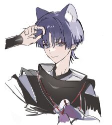 Rule 34 | 1boy, animal ear fluff, animal ears, armor, black sleeves, blunt ends, bright pupils, cat boy, cat ears, closed mouth, clothing cutout, cropped torso, disembodied hand, eyeliner, eyeshadow, genshin impact, highres, japanese armor, japanese clothes, kariginu, kimono, kote, kurokote, kuronushi (genshin impact), lavender melon (genshin impact), layered sleeves, long neck, looking at viewer, makeup, male focus, purple eyes, purple hair, purple kimono, purple sleeves, red eyeliner, red eyeshadow, scaramouche (genshin impact), shoulder cutout, sketch, smile, solo, string, tsurime, ttt rr4, white background, white pupils, wispy bangs