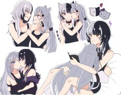 Rule 34 | 2girls, :q, animal ears, black choker, black hair, black tank top, blue eyes, book, breasts, cat ears, cat tail, choker, cleavage, cone hair bun, double bun, grey hair, hair bun, heart, highres, holding, holding book, hololive, hololive english, hololive indonesia, hug, jacket, medium breasts, multicolored hair, multiple girls, multiple views, purple jacket, shiori novella, soraha 123, split-color hair, tail, tank top, tongue, tongue out, two-tone hair, vestia zeta, virtual youtuber, yellow eyes, yuri