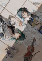 2boys ahoge aqua_hair artist_name ascot belt belt_buckle black_hair black_shirt black_vest blue_ascot book bow_(music) braid buckle closed_eyes collared_shirt commentary english_commentary eyelashes eyeshadow facial_mark fihasel forehead_mark fortissimo frilled_sleeves frills genshin_impact gradient_hair green_hair hair_between_eyes hair_ornament hand_up highres holding holding_book instrument jewelry long_sleeves looking_at_another lying makeup male_focus medium_hair multicolored_hair multiple_boys musical_note musical_note_hair_ornament necklace on_back on_floor open_clothes open_shirt paper parted_bangs parted_lips puffy_long_sleeves puffy_sleeves red_eyeshadow ring sample_watermark sheet_music shirt shoes short_sleeves side_braids sleeveless sleeveless_shirt streaked_hair thumb_ring treble_clef turtleneck twin_braids unworn_shoes venti_(genshin_impact) vest violin watermark watermark_grid white_belt white_shirt white_shoes window_shadow wing_collar xiao_(genshin_impact) yellow_eyes
