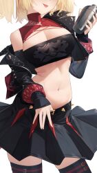 1girl :p absurdres black_jacket black_skirt black_thighhighs blonde_hair breasts burnice_white cleavage cup fingernails head_out_of_frame highres holding holding_cup jacket jaihu large_breasts midriff navel short_hair skirt solo thighhighs thighs tongue tongue_out twintails zenless_zone_zero zettai_ryouiki
