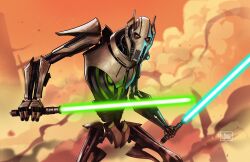 1boy blue_lightsaber dual_wielding energy_sword general_grievous green_lightsaber highres holding holding_sword holding_weapon lightsaber looking_at_viewer may_the_4th metaworks818 robot smoke solo star_wars sword weapon