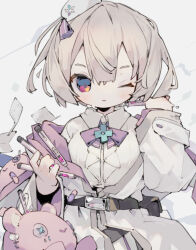 1girl absurdres belt blonde_hair blue_eyes bow bowtie collared_shirt drugs hair_between_eyes hat highres holding holding_syringe long_sleeves medium_hair mini_hat multicolored_eyes nep_(nep_76) nurse nurse_cap one_eye_closed original paper pill red_eyes shirt simple_background solo stuffed_animal stuffed_toy syringe teddy_bear upper_body white_background white_hat white_shirt wide_sleeves