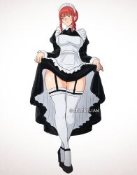 1girl artist_name blush breasts celebelian chainsaw_man clothes_lift garter_straps high_heels highres looking_to_the_side maid maid_headdress makima_(chainsaw_man) red_hair simple_background sketch skirt skirt_lift solo thighhighs thighs white_background