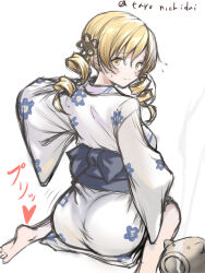 1girl ass blonde_hair blue_sash drill_hair from_behind highres japanese_clothes kimono looking_at_viewer looking_back mahou_shoujo_madoka_magica sash solo tomoe_mami twin_drills ura47869454 white_background white_kimono yellow_eyes