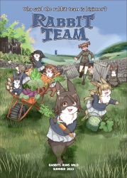 6+girls absurdres alisa_(girls_und_panzer) animal_ears animalization brown_hair bug butterfly carrot english_text engrish_text food freckles fruit girls_und_panzer grass hasekura_(hachinochun) highres insect jacket kay_(girls_und_panzer) long_hair maruyama_saki melon military military_uniform multiple_girls naomi_(girls_und_panzer) ooarai_military_uniform oono_aya rabbit rabbit_ears rabbit_girl rabbit_tail ranguage running sakaguchi_karina saunders_military_uniform sawa_azusa short_hair short_twintails sweet_potato tail twintails utsugi_yuuki vegetable wheelbarrow yamagou_ayumi