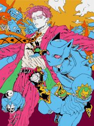 1boy 1other animal_ears belt blue_skin cat_ears cloud colored_skin colorful comic_cover_redraw commentary commentary_request diamond_wa_kudakenai dress_shirt highres house jacket jojo_no_kimyou_na_bouken killer_queen kira_yoshikage limited_palette necktie orange_necktie orange_sky pants pink_eyes pink_hair pink_jacket pink_pants sheer_heart_attack shirt short_hair skull_belt skull_print sky slit_pupils spikes stand_(jojo) tree two-sided_fabric user_xjny2857 white_shirt