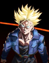 Rule 34 | 1boy, black background, black shirt, blonde hair, blue jacket, cropped jacket, dragon ball, dragonball z, green eyes, highres, jacket, male focus, muscular, muscular male, pants, scene reference, shirt, short hair, solo, spiked hair, super saiyan, super saiyan 1, tkht 9315, trunks (dragon ball), trunks (future) (dragon ball)