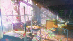 chair chalkboard cherry_blossoms classroom curtains day desk falling_petals flower grass highres indoors keishi109 no_humans original overgrown petals pink_flower plant scenery school school_chair school_desk shade sunlight table tree vines window