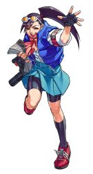 Rule 34 | 1girl, :d, armband, black gloves, blue skirt, blue vest, bow, brown eyes, camera, down vest, edaki shin&#039;ya, eyewear on head, fingerless gloves, game cg, gloves, half-closed eyes, hand up, hibiki ran, highres, holding, holding camera, holding newspaper, justice gakuen, knee up, kneehighs, leggings under skirt, moero! justice gakuen, newspaper, non-web source, official art, open clothes, open mouth, open vest, outstretched hand, pink bow, ponytail, red shoes, running, shoes, simple background, skirt, sleeves rolled up, smile, sneakers, socks, solo, sunglasses, vest, white background