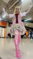 1girl animated ass boots cosplay dress emilie_de_rochefort emilie_de_rochefort_(cosplay) fingerless_gloves gloves kicking one_eye_closed panties real_life short_sleeves standing standing_on_one_leg tagme tearastar tekken tekken_8 thighs underwear video wink