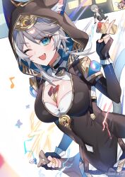 Rule 34 | 1boy, 1girl, ;o, animal ear fluff, animal ears, animal hood, astral express (honkai: star rail), between breasts, black gloves, black leotard, black pants, blue eyes, breasts, caelus (honkai: star rail), cat ears, cat girl, cat hood, cat tail, cipher (honkai: star rail), commentary request, fang, fingerless gloves, gloves, grey hair, highres, holding, holding sack, holding ticket, honkai: star rail, honkai (series), hood, hooded leotard, kneeling, large breasts, leotard, mole, mole on breast, musical note, one eye closed, pants, pom-pom (honkai: star rail), sack, short hair with long locks, skin fang, star rail special pass (honkai: star rail), tail, ticket, trailblazer (honkai: star rail), urasozopi