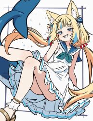 1girl animal_ears asami-chan blonde_hair blue_eyes blue_hair dress fins fish_tail highres indie_virtual_youtuber sameko_saba shark_tail sharp_teeth smile solo tail teeth twintails