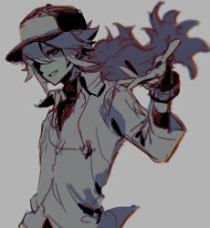Rule 34 | 1boy, baseball cap, bracelet, collared shirt, grin, hat, highres, jewelry, jiz (pffbq), long hair, long sleeves, looking at viewer, male focus, monochrome, n (pokemon), necklace, nintendo, pokemon, pokemon bw, ponytail, reaching, reaching towards viewer, shirt, sketch, smile, solo