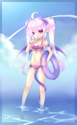 1girl ahoge armband bare_shoulders bat_wings bikini breasts candy cleavage demon_girl demon_tail female_focus food frills innertube lollipop looking_at_viewer medium_breasts mofetousu_furuna navel original pink_hair pointy_ears popsicle purple_eyes red_bikini saru sideboob solo strap_gap swim_ring swimsuit tail twintails wading wings