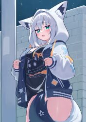 1girl :o absurdres alternate_costume animal_ears aqua_eyes black_jacket black_shirt bottomless breasts brick_wall deaver exhibitionism fox_ears fox_girl fox_tail highres hololive hood hood_up hooded_jacket jacket large_breasts letterman_jacket long_sleeves looking_at_viewer multicolored_jacket no_panties no_pants open_clothes open_jacket outdoors paid_reward_available pentagram print_shirt public_indecency puffy_long_sleeves puffy_sleeves shirakami_fubuki shirt solo tail tail_censor two-tone_jacket virtual_youtuber white_hair white_jacket