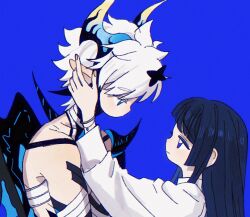 1boy 1girl arm_up bare_shoulders blue_background blue_eyes blue_hair blunt_bangs bracelet cataunt couple diabolic_kevin_(honkai_impact) hair_between_eyes hair_down hand_on_another&#039;s_head highres honkai_(series) honkai_impact_3rd horns jewelry kevin_kaslana long_hair long_sleeves looking_at_another mei_(honkai_impact) pointy_ears shirt simple_background white_hair white_shirt