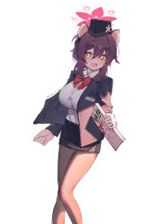 1girl :d absurdres animal_ears black_hat black_jacket black_skirt blue_archive book bow bowtie breasts character_name collared_shirt commentary_request feet_out_of_frame garrison_cap gloves guan_312 hair_between_eyes halo hat highres holding holding_book jacket kaede_(blue_archive) kaede_(guide)_(blue_archive) large_breasts long_sleeves name_tag official_alternate_costume open_clothes open_jacket open_mouth pantyhose purple_hair red_bow red_bowtie shirt simple_background skirt smile tour_guide translation_request white_background white_gloves white_shirt yellow_eyes