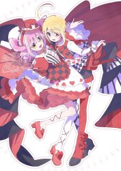 1boy 1girl ahoge alternate_costume apron black_apron black_ribbon black_shirt black_shoes black_shorts blonde_hair buttons capelet center_frills club_(shape) commentary_request diamond_brooch diamond_print dot_nose eyes_visible_through_hair flower frilled_apron frilled_hairband frilled_shirt frilled_skirt frills full_body girly_boy hair_between_eyes hairband happy hat hat_flower heart heart_print hetero high_heels highres hinamori_amu hotori_tadase humpty_lock_(shugo_chara!) jewelry juliet_sleeves leg_ribbon light_blush lolita_fashion lolita_hairband long_hair long_sleeves mini_hat mini_top_hat miniskirt necklace open_mouth ouji_fashion outline petticoat pink_eyes pink_hair pleated_skirt puffy_sleeves pumps red_apron red_brooch red_capelet red_flower red_hairband red_hat red_ribbon red_rose red_shoes red_sleeves red_thighhighs ribbon rose serizawa_serizane shirt shoes shorts shugo_chara! sidelocks skirt skirt_hold smile spade_(shape) striped_clothes striped_shirt swept_bangs tareme thighhighs top_hat twitter_username two-tone_apron two-tone_shirt two_side_up vertical-striped_clothes vertical-striped_shirt waist_apron watermark white_background white_outline white_shirt white_skirt wide_sleeves x_hat_ornament yellow_eyes