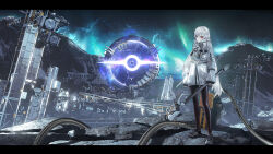 1girl absurdres arknights arknights:_endfield braid brown_pantyhose closed_mouth commentary_request crown_braid glowing grey_hair hair_between_eyes highres holding jacket letterboxed long_hair long_sleeves mountain night night_sky outdoors pantyhose radar_dish red_eyes seymour_(sai_lu_er) shoes sky sleeves_past_wrists solo standing star_(sky) starry_sky very_long_hair warfarin_(arknights) white_jacket white_shoes