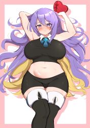 1girl absurdres blonde_hair blush box breasts colored_inner_hair crop_top curvy gift gradient_hair hair_between_eyes heart-shaped_box highres hololive hololive_indonesia large_breasts long_hair looking_at_viewer midriff moona_hoshinova moona_hoshinova_(1st_costume) multicolored_hair navel plump purple_eyes purple_hair solo starry_hair suica_koubou two-tone_hair valentine virtual_youtuber wide_hips