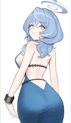 1girl ako_(blue_archive) ako_(dress)_(blue_archive) backless_dress backless_outfit bare_shoulders blue_archive blue_dress blue_eyes blue_hair blue_halo breasts closed_mouth dress hair_between_eyes halo highres large_breasts long_hair looking_back official_alternate_costume official_alternate_hairstyle potatoy simple_background smile solo white_background wrist_cuffs