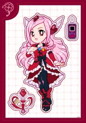 Rule 34 | 1girl, asymmetrical dress, black boots, black bow, black pantyhose, boots, bow, bright pupils, cellphone, choker, clover, clover brooch, cross-laced clothes, cross-laced dress, cure passion, deformed, diamond hair ornament, dot nose, dotted line, dress, four-leaf clover, fresh precure!, frilled arm warmers, frilled dress, frilled sleeves, frills, full body, grid background, hair ornament, hand on own chest, harp, heart, heart hair ornament, higashi setsuna, high heel boots, high heels, highres, instrument, long dress, long hair, magical girl, open mouth, outline, pantyhose, phone, pink hair, precure, red arm warmers, red bow, red dress, red eyes, short sleeves, signature, smile, solo, square neckline, standing, tareme, uwded 207, very long hair, waist bag, waist bow, white background, white bag, white choker, white outline, white pupils, wing hair ornament