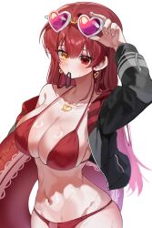 1girl absurdres bikini black_jacket blush cowboy_shot earrings eyewear_on_head heart heart-shaped_eyewear heart_earrings heterochromia highres hololive houshou_marine houshou_marine_(summer) jacket jewelry long_hair mouth_hold newda_al open_clothes open_jacket purple-tinted_eyewear red_bikini red_eyes red_hair simple_background single_bare_shoulder single_off_shoulder solo sunglasses swimsuit tinted_eyewear virtual_youtuber wet white_background yellow_eyes