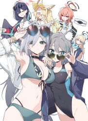 Rule 34 | 6+girls, adjusting eyewear, alternate costume, alternate hairstyle, animal ear fluff, animal ears, bag, bikini, black bag, black bikini, black choker, black hair, black halo, black jacket, black one-piece swimsuit, black wings, blonde hair, blue bikini, blue bow, blue eyes, blue halo, blue jacket, blue nails, blue ribbon, blush, bow, braid, choker, double v, drone, earrings, extra ears, eyewear on head, floral print bikini, fox ears, fox girl, grey hair, grin, hair between eyes, hair bow, hair down, hair over one eye, halo, hayashi kewi, highleg, highleg one-piece swimsuit, highres, holding, holding bag, ichika (blue archive), ichika (swimsuit) (blue archive), jacket, jewelry, long hair, multiple girls, navel, neru (blue archive), neru (school uniform) (blue archive), official alternate hairstyle, official art, one-piece swimsuit, pink-tinted eyewear, pink eyes, red eyes, red hair, red halo, ribbon, seia (blue archive), seia (swimsuit) (blue archive), shiroko (blue archive), shiroko (swimsuit) (blue archive), shiroko terror (blue archive), shirt, short hair, side ponytail, single braid, smile, stomach, stud earrings, sunglasses, swimsuit, tinted eyewear, toki (blue archive), toki (school uniform) (blue archive), untied ribbon, v, white one-piece swimsuit, white shirt, wings, yellow halo