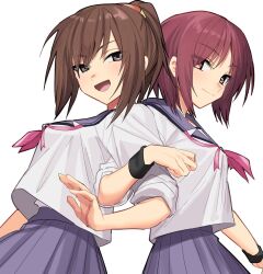 2girls :d angel_beats! benbe brown_eyes brown_hair cowboy_shot hisako_(angel_beats!) iwasawa_masami long_hair multiple_girls open_mouth ponytail purple_skirt red_eyes red_hair school_uniform shinda_sekai_sensen_uniform shirt short_hair skirt smile white_background white_shirt wristband
