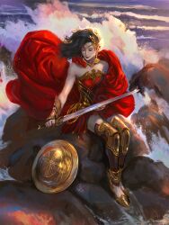 arm_guards armor bare_shoulders black_hair boots bracer cape closed_eyes dc_comics diego_cunha faulds gold_armor gold_trim greaves highres holding holding_sword holding_weapon lasso_of_truth laurels light_smile long_hair ocean red_cape rock shield sitting skirt strapless sword thigh_boots tiara water waves weapon wonder_woman