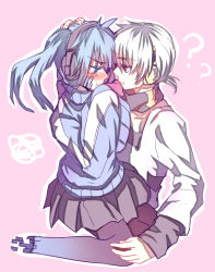 1boy 1girl aki663 blue_eyes blue_hair blush ene_(kagerou_project) headphones kagerou_project konoha_(kagerou_project) long_hair ponytail red_eyes short_ponytail twintails vocaloid white_hair yamaha