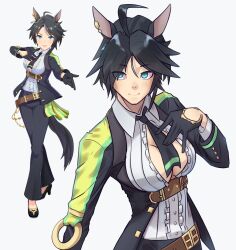 Rule 34 | 1girl, animal ears, black hair, blue eyes, center frills, cleavage cutout, clothing cutout, commentary, english commentary, frills, fuji kiseki (umamusume), gloves, hair ornament, highres, horse ears, horse girl, ipol, jacket, reference inset, shirt, short hair, solo, umamusume, white shirt