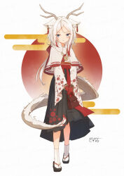 1girl :o absurdres animal_ear_fluff animal_ears bag black_hakama black_sandals blue_eyes blush capelet commentary_request coreytaiyo dragon_girl dragon_horns dragon_tail egasumi facial_mark forehead full_body hakama hakama_skirt handbag highres holding holding_bag horns japanese_clothes kimono long_hair original parted_bangs parted_lips sandals skirt socks solo tabi tail very_long_hair white_capelet white_hair white_kimono white_socks zouri