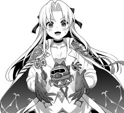 1girl :3 armor azur_lane azur_lane:_slow_ahead black_gloves blush cape choker collarbone figure forehead gloves greyscale hair_ribbon hori_(hori_no_su) javelin_(azur_lane) javelin_(slow_ahead!)_(azur_lane) long_hair long_sleeves monochrome official_art open_mouth ribbon shirt shorts shoulder_armor simple_background skirt smile solo sweatdrop tongue vanguard_(azur_lane) white_background