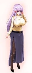 Rule 34 | 1girl, biruto, blush, borrowed character, breasts, casual, commission, contemporary, enjou sakuya, highres, huge breasts, long hair, looking at viewer, original, pantyhose, pixiv commission, purple eyes, purple hair, ribbed sweater, side slit, smile, solo, sweater, turtleneck, turtleneck sweater, white sweater