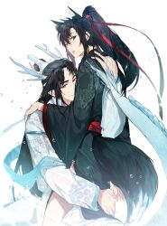 Rule 34 | 2boys, absurdres, animal ear fluff, animal ears, back, bare legs, black eyes, black hair, black hanfu, blue shawl, carrying, chinese clothes, closed mouth, couple, dragon boy, eastern dragon horns, eastern dragon tail, extra ears, fox boy, fox ears, fox tail, hair ribbon, hand on another&#039;s back, hand on another&#039;s shoulder, hand on another&#039;s thigh, hanfu, headband, high ponytail, highres, horns, hug, jujeop, kemonomimi mode, kneeling, lan wangji, long hair, long sleeves, looking at viewer, looking back, male focus, modao zushi, multiple boys, parted lips, pointy ears, ponytail, red ribbon, red sash, ribbon, robe, sash, shawl, sidelocks, simple background, tail, topknot, water, water drop, wei wuxian, white background, white hanfu, white headband, wide sleeves, xiao guan (headdress), yaoi, yellow eyes