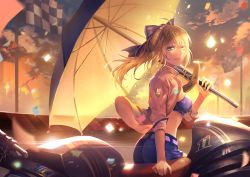 1girl akira_aishi artoria_pendragon_(fate) blonde_hair blue_bow blue_eyes blue_ribbon blue_shorts bow breasts checkered_flag cloud cloudy_sky elbow_sleeve emblem fate/grand_order fate_(series) female_focus flag floating_hair hair_ribbon holding holding_sword holding_umbrella holding_weapon leaning_on_object long_hair looking_at_viewer medium_breasts midriff motor_vehicle motorcycle open_clothes open_shirt parted_lips ponytail race_queen race_track ribbon saber_(fate) saber_(type-moon_racing)_(fate) shirt shorts sky smile solo sunlight sunset sword umbrella weapon