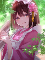 1girl alternate_costume apron artist_name axis_powers_hetalia brown_eyes brown_hair closed_mouth commentary_request enmaided eyelashes flower frills genderswap genderswap_(mtf) hair_between_eyes hair_flower hair_ornament hands_up highres holding holding_tray japan_(female)_(hetalia) japan_(hetalia) japanese_clothes kanzashi kimono leaf long_sleeves looking_at_viewer maid maid_day maid_headdress outdoors pink_flower pink_kimono qlx_(2399001) short_hair smile solo tray upper_body wa_maid white_apron wide_sleeves